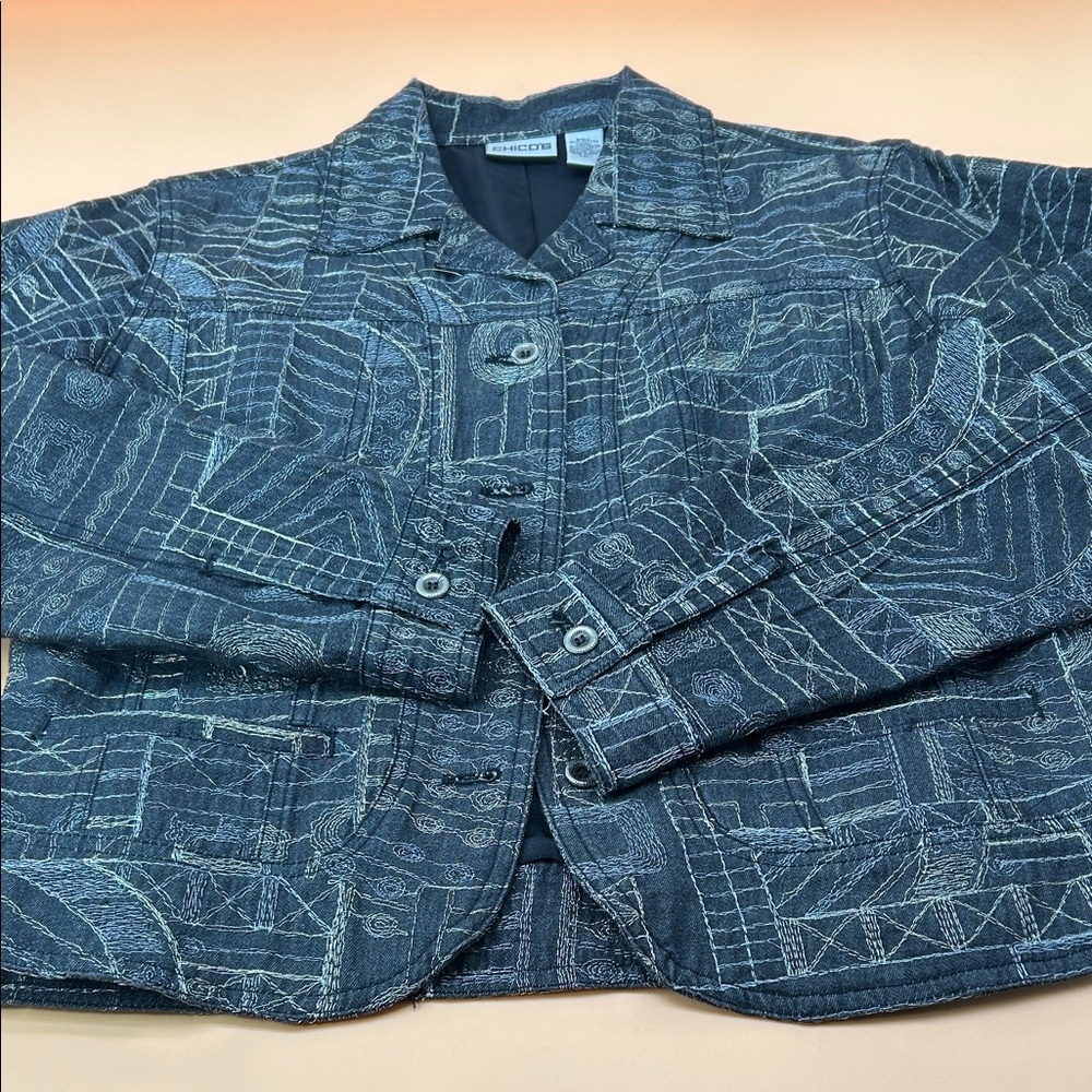 Chico's Navy and White Embroidered Jacket